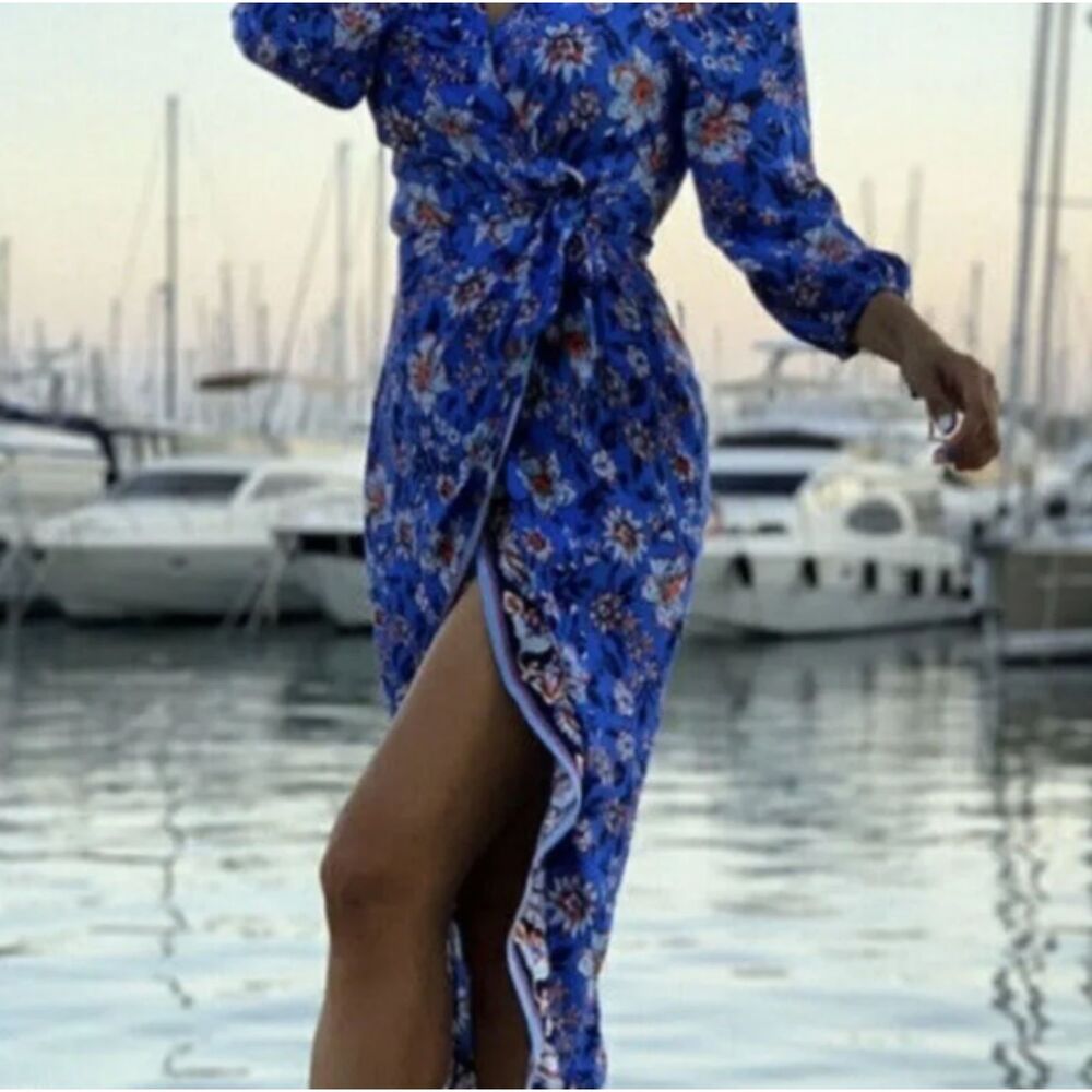 Zara SS21 Vibrant Blue Floral Paisley Split Midi Wrap Dress Coastal Vacations M
